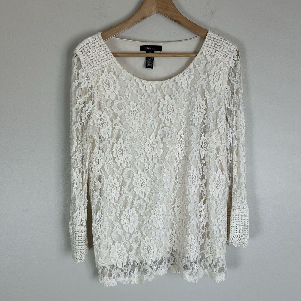 Lace Eclectic Folk Top Blouse Crochet Ivory Cream Bohemian Granny Size M Cottage